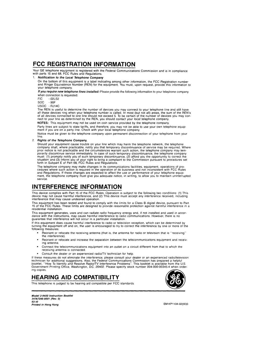 GE Feb-50 installation instructions FCC Registration Information 