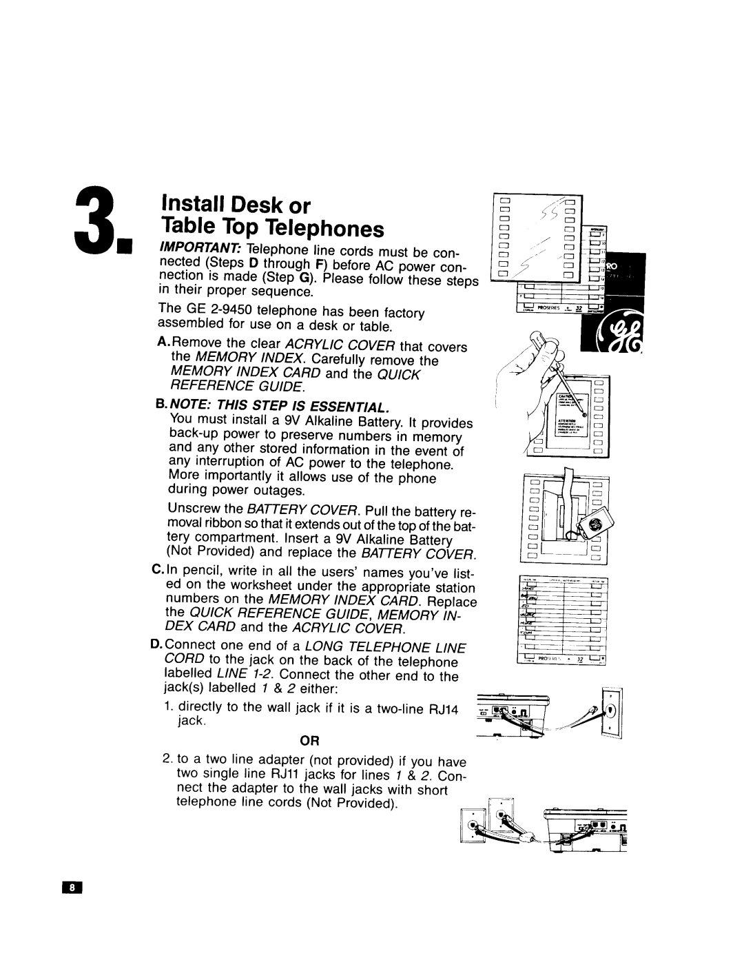 GE Feb-50 installation instructions Install Desk or 3. Table Top Telephones, B. Note, This Step Is Essential, 9-41 