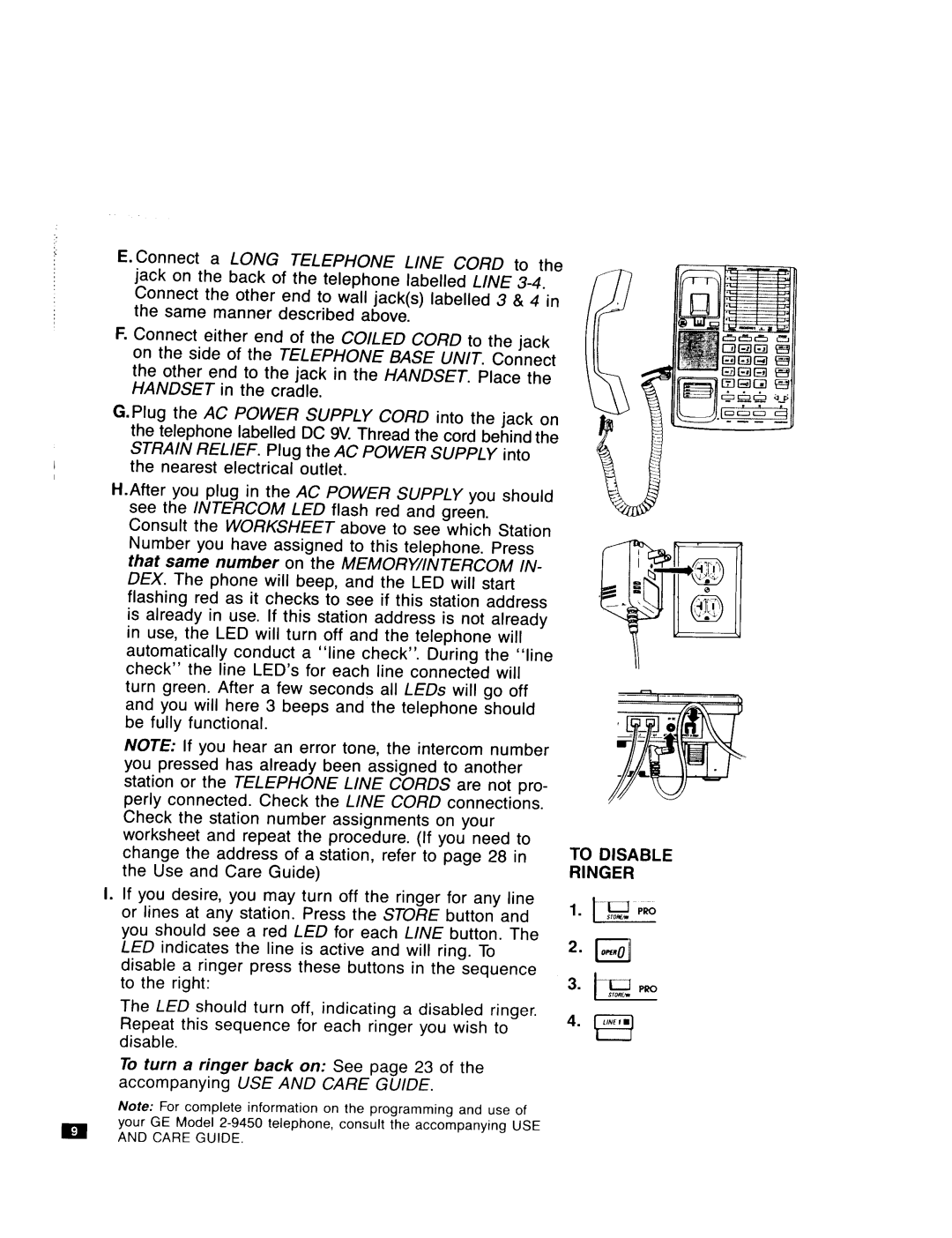 GE Feb-50 installation instructions E. Connect a LONG TELEPHONE L/NE CORD to the, To Disable Ringer 