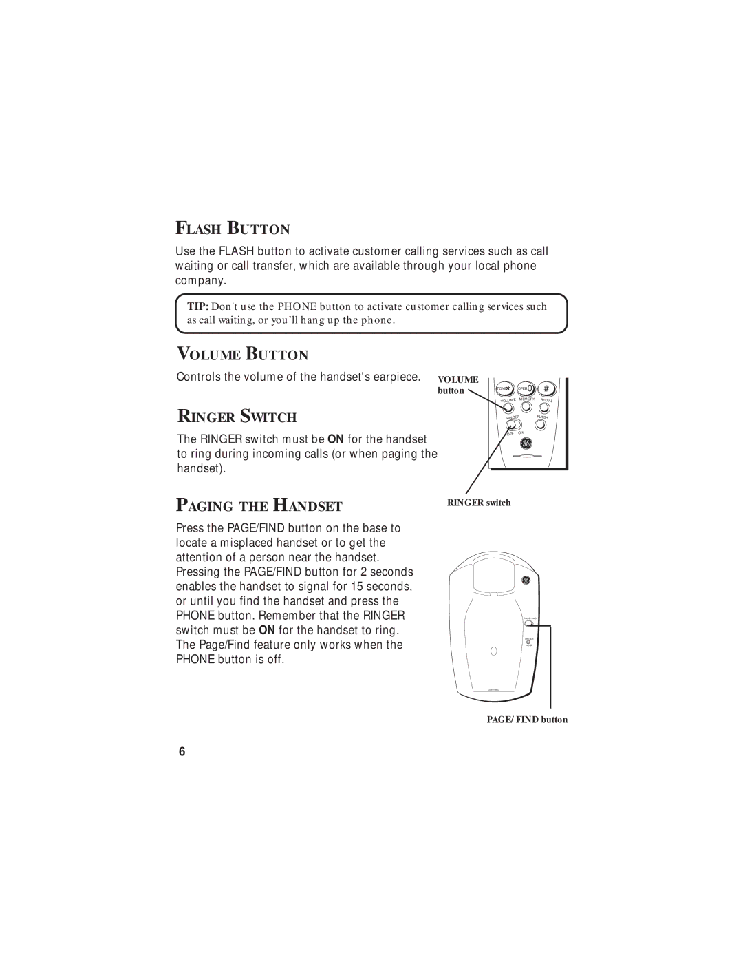 GE Feb-63 manual Flash Button, Volume Button, Ringer Switch, Paging the Handset 