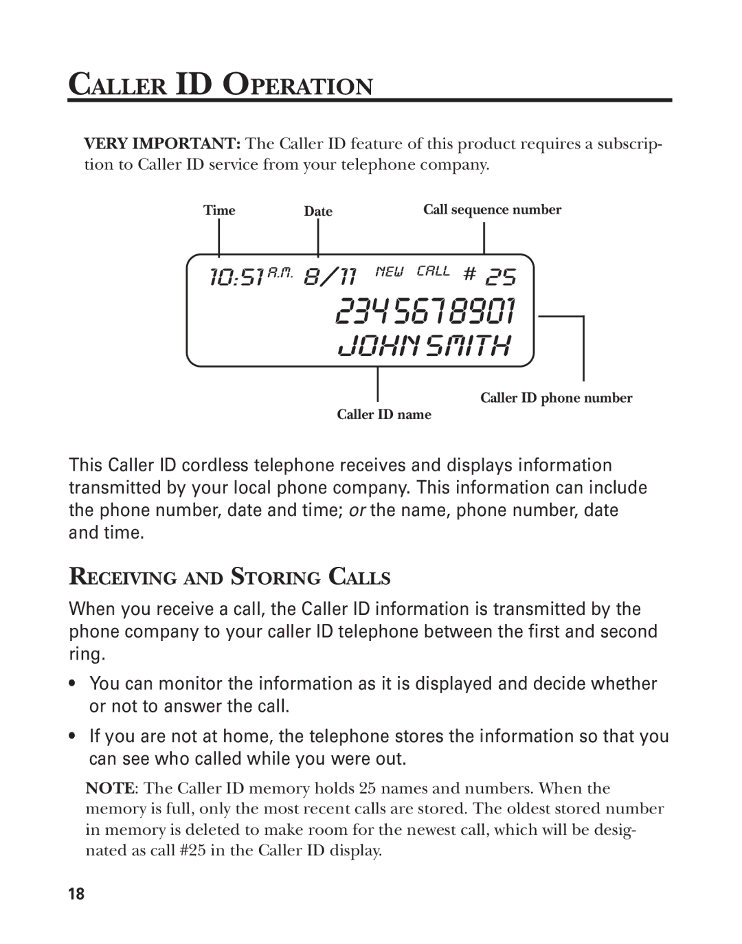 GE Feb-74 manual Caller ID Operation, Receiving and Storing Calls 