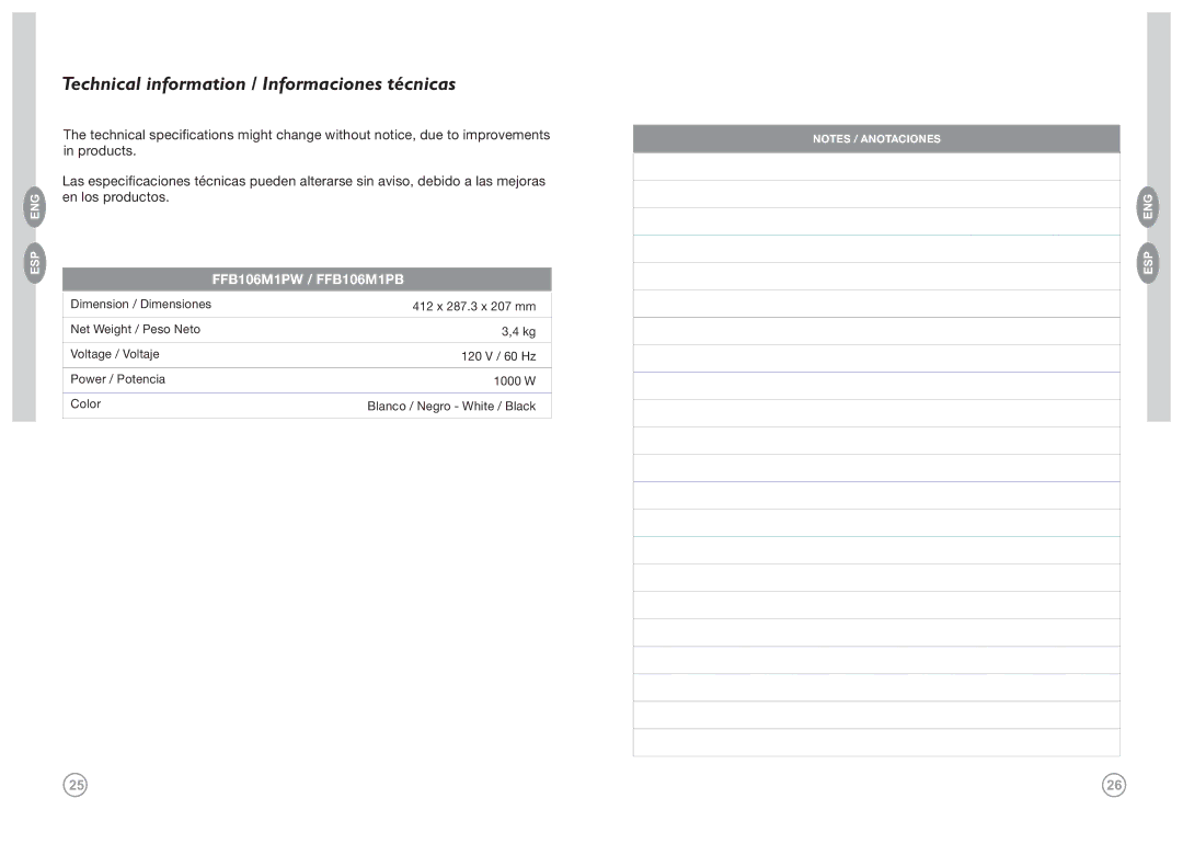 GE manual Technical information / Informaciones técnicas, FFB106M1PW / FFB106M1PB 