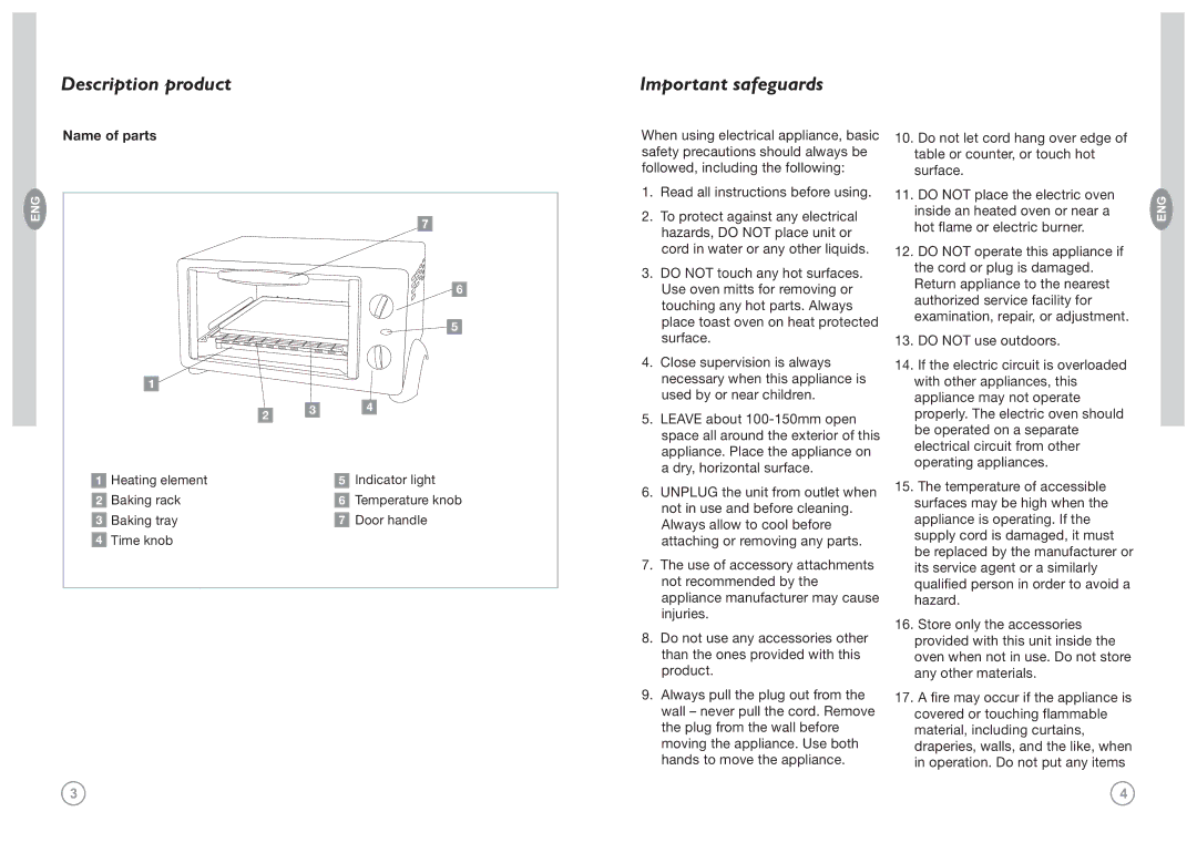 GE FFB106M1PB, FFB106M1PW manual Description product Important safeguards, Name of parts 