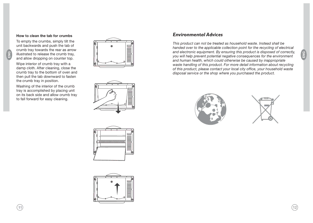 GE FFB106M1PB, FFB106M1PW manual Environmental Advices, How to clean the tab for crumbs 