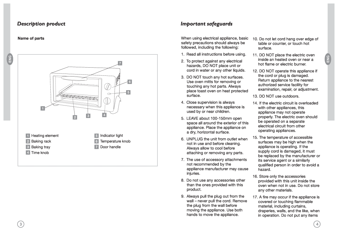 GE FFB106M1PB Description product, Important safeguards, Name of parts, Heating element, Indicator light, Baking rack 