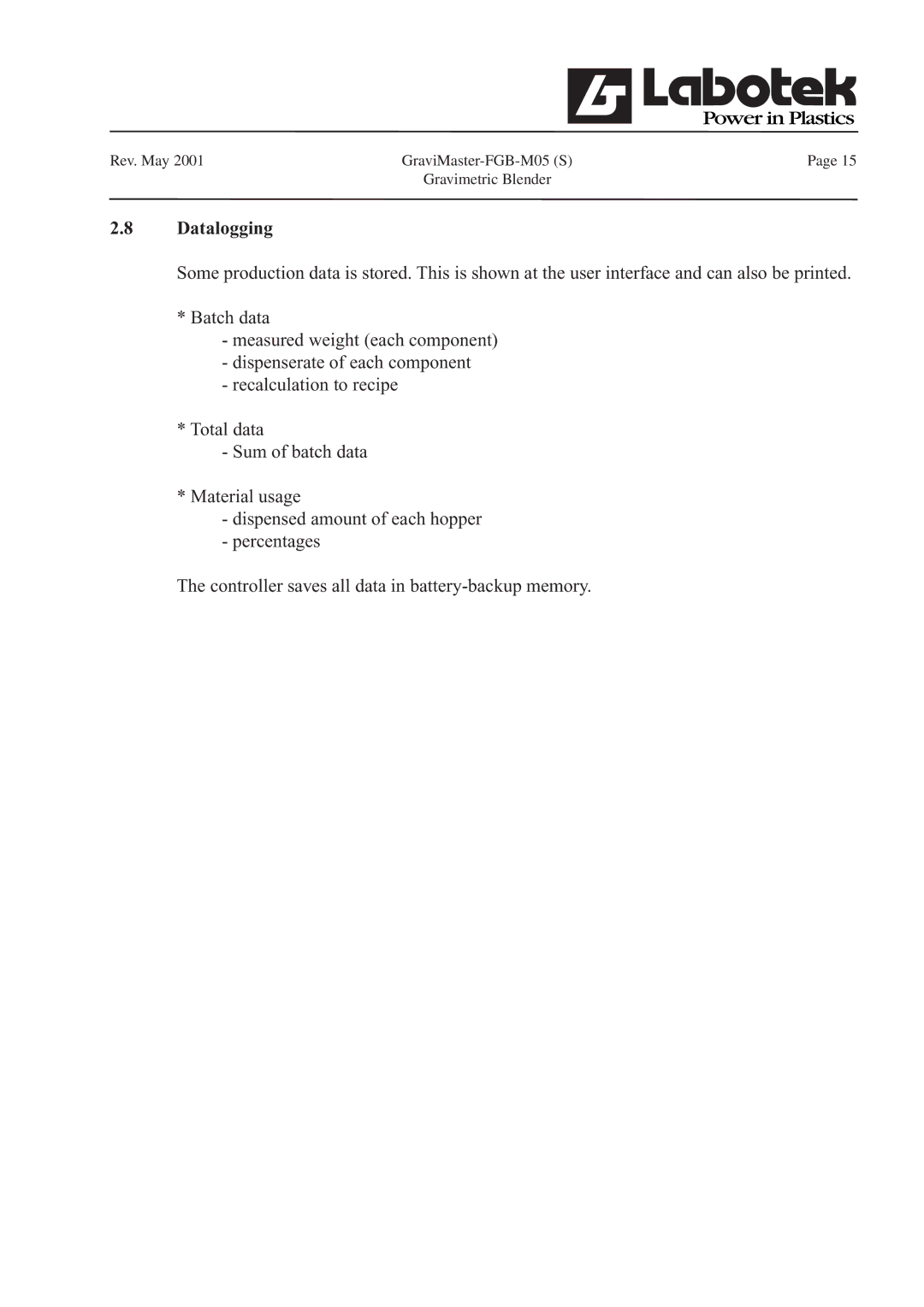 GE FGB-M05 manual Datalogging 