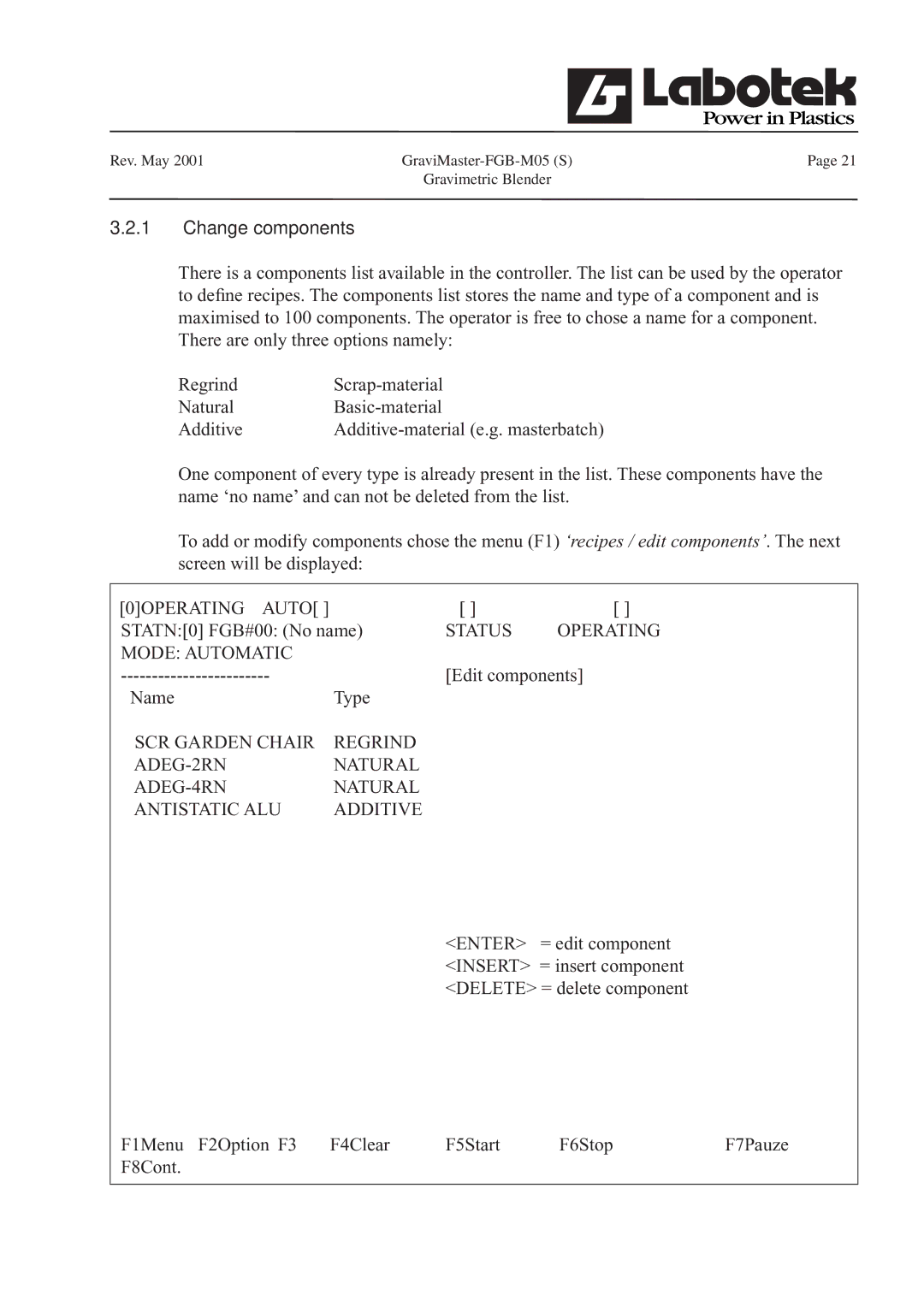 GE FGB-M05 manual Change components, 0OPERATING Auto, Status Operating Mode Automatic 