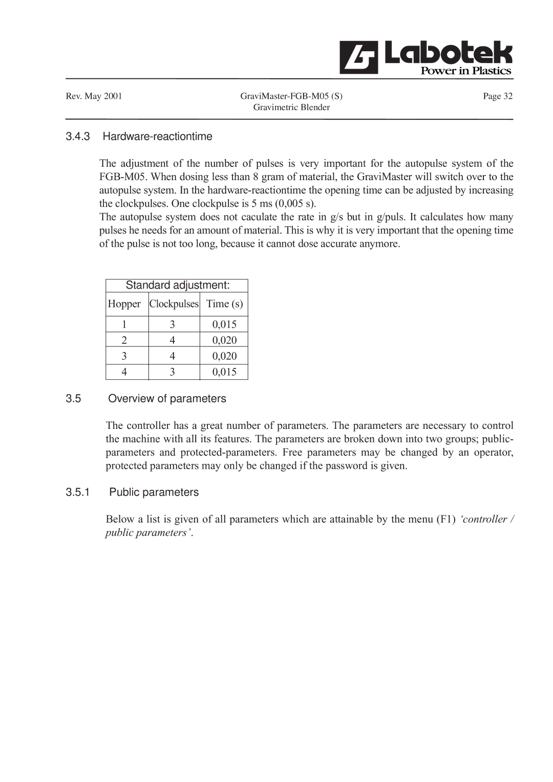 GE FGB-M05 manual Hardware-reactiontime, Standard adjustment, Overview of parameters, Public parameters 