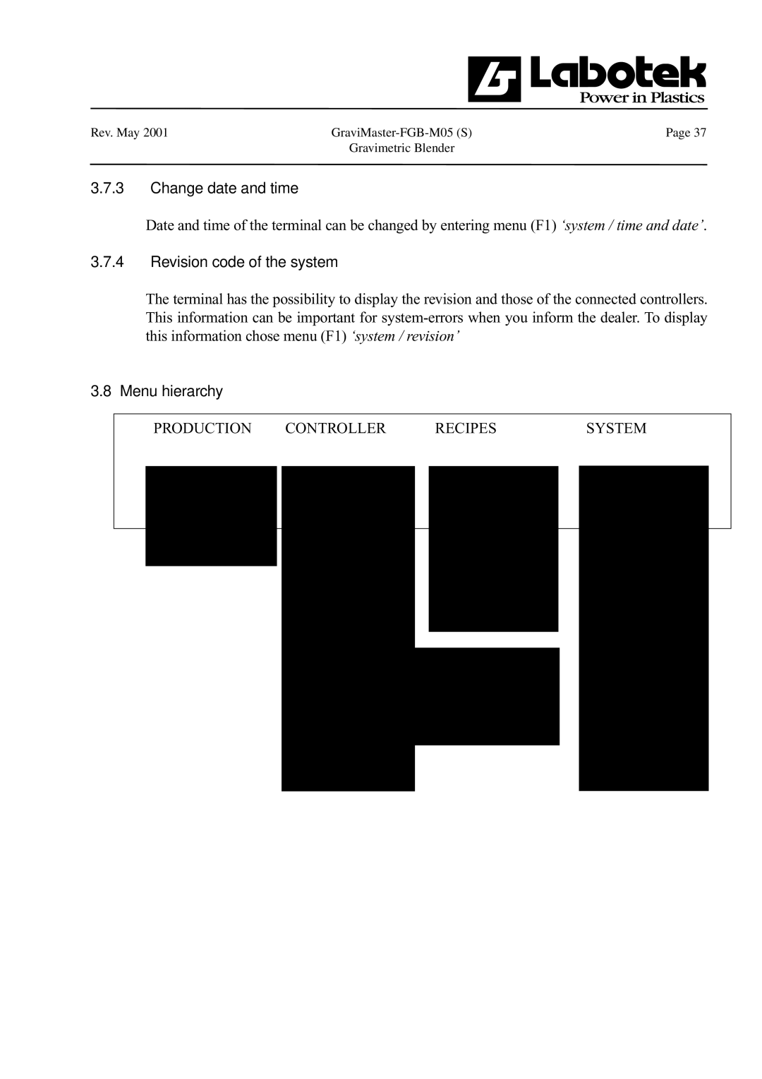 GE FGB-M05 manual Change date and time, Revision code of the system, Menu hierarchy 