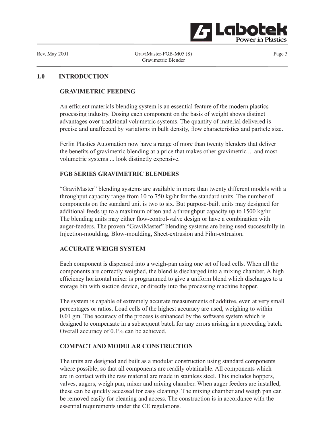 GE FGB-M05 manual Introduction Gravimetric Feeding 