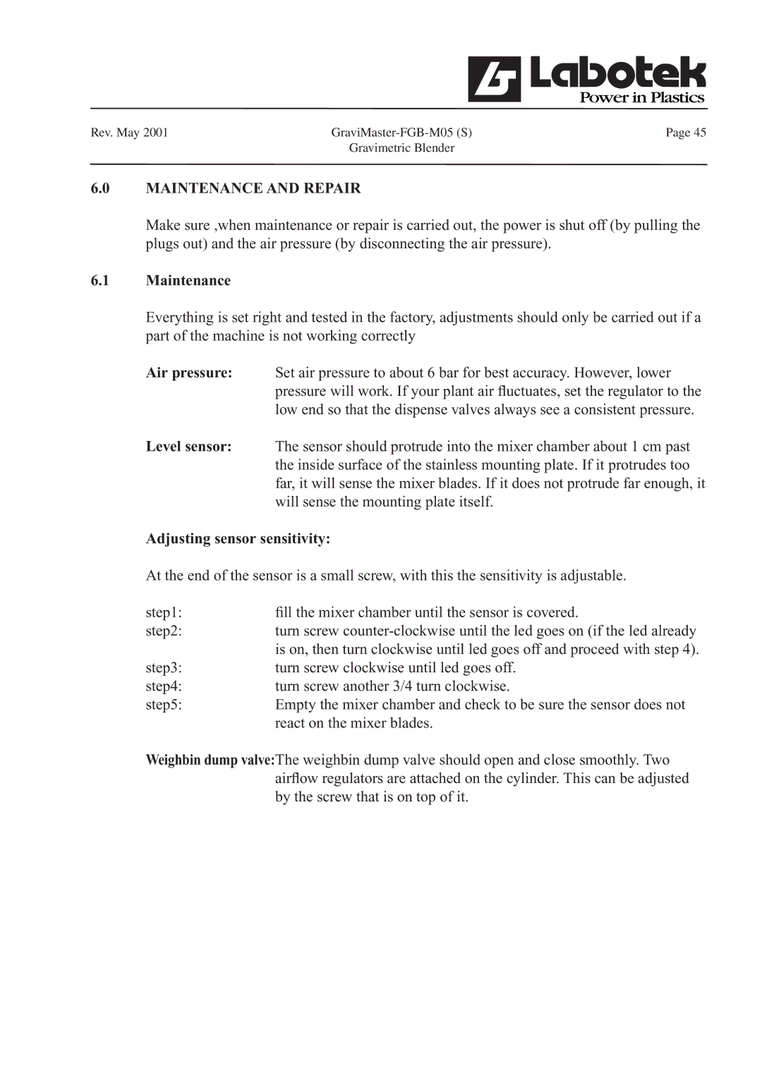 GE FGB-M05 manual Maintenance, Adjusting sensor sensitivity 