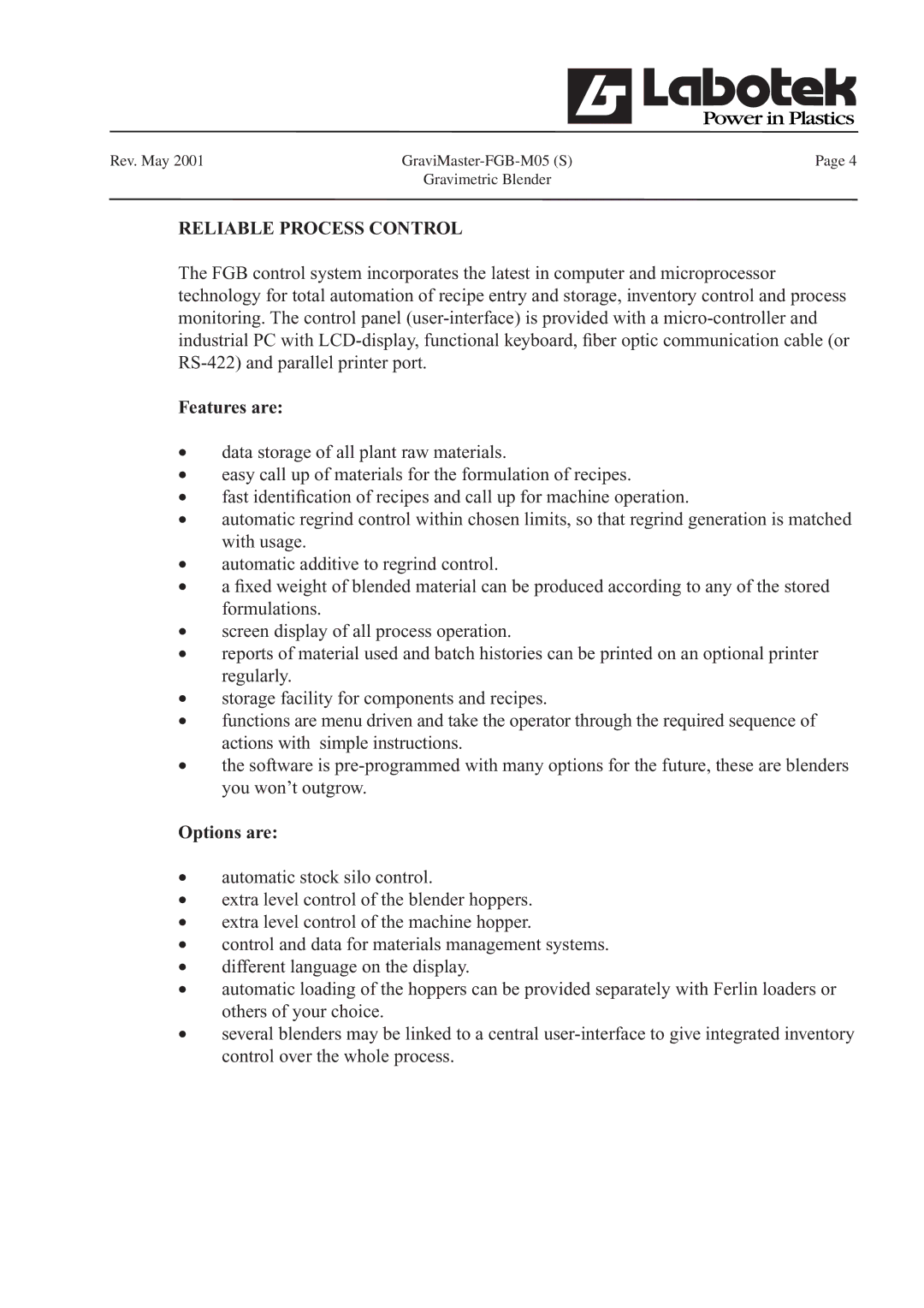 GE FGB-M05 manual Features are, Options are 