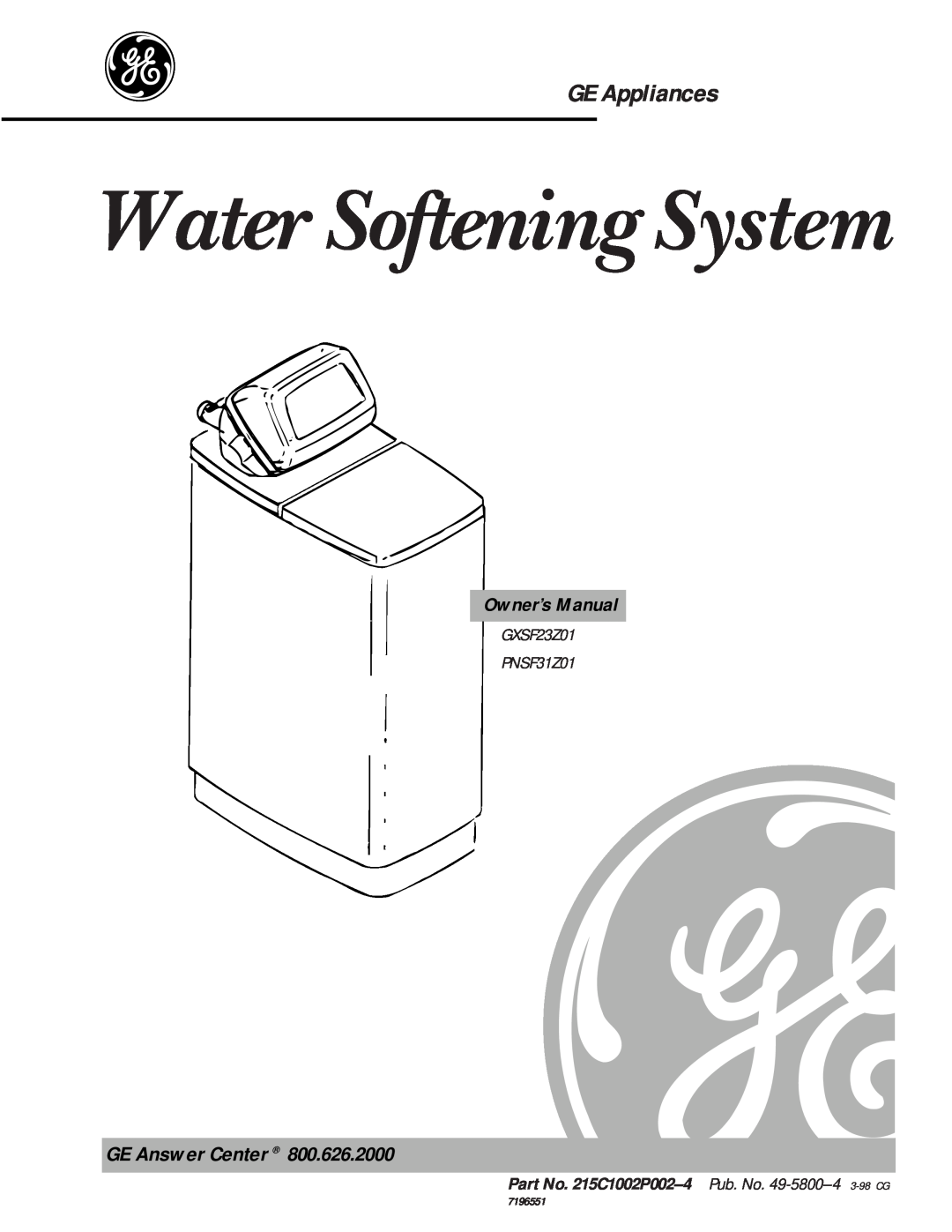GE FNSF31Z01 owner manual GE Answer Center, Owner’s Manual, GXSF23Z01 PNSF31Z01, Water Softening System, GE Appliances 