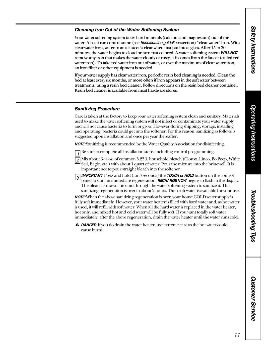 GE FNSF31Z01 owner manual Cleaning Iron Out of the Water Softening System, Sanitizing Procedure, Safety Instructions 