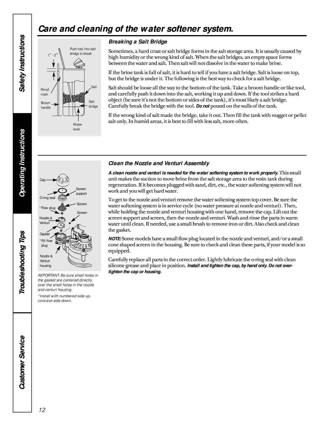 GE FNSF31Z01 Care and cleaning of the water softener system, Safety Instructions, Breaking a Salt Bridge, Operating 