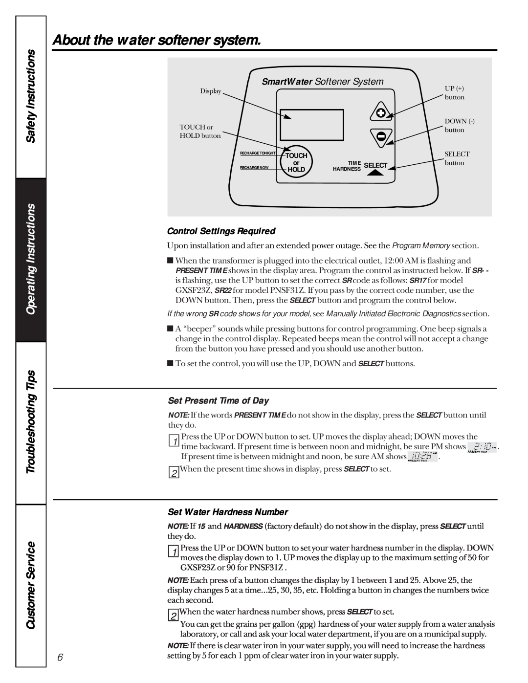 GE FNSF31Z01 Operating Instructions, SmartWater Softener System, Control Settings Required, Set Present Time of Day 