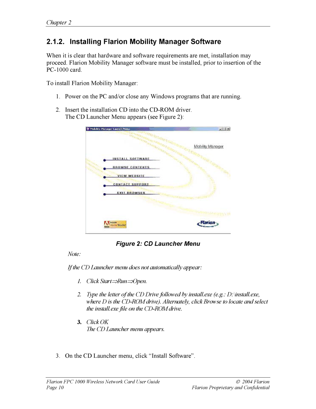 GE FPC 1000 manual Installing Flarion Mobility Manager Software, On the CD Launcher menu, click Install Software 