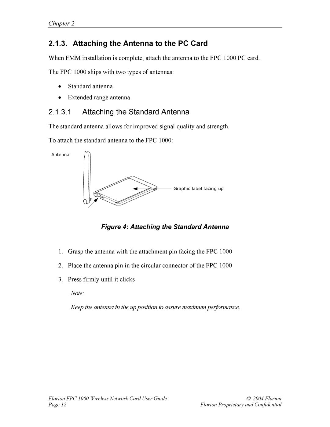 GE FPC 1000 manual Attaching the Antenna to the PC Card, Attaching the Standard Antenna 