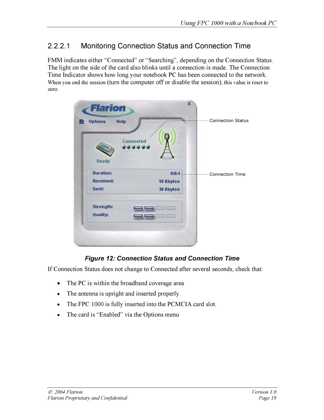 GE FPC 1000 manual Monitoring Connection Status and Connection Time 