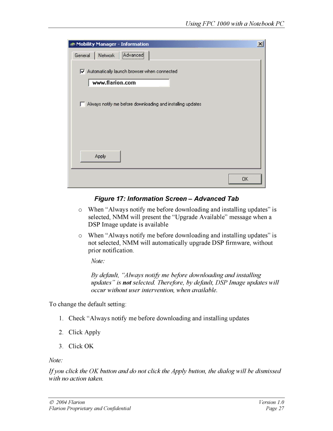 GE FPC 1000 manual Information Screen Advanced Tab 