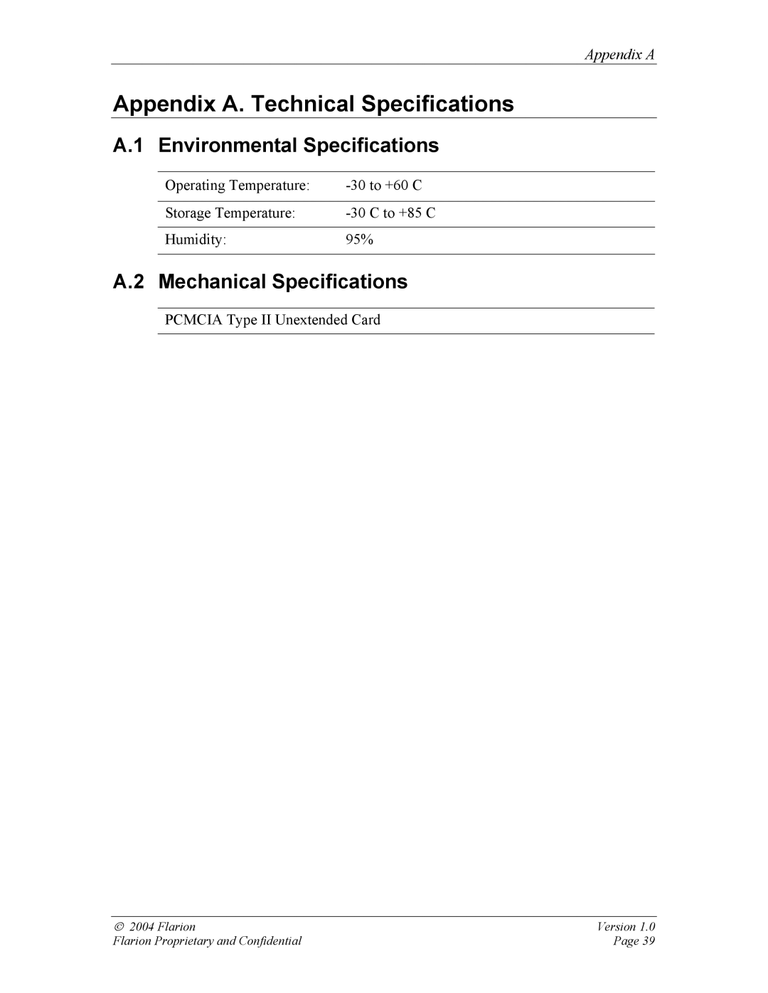 GE FPC 1000 manual Appendix A. Technical Specifications 