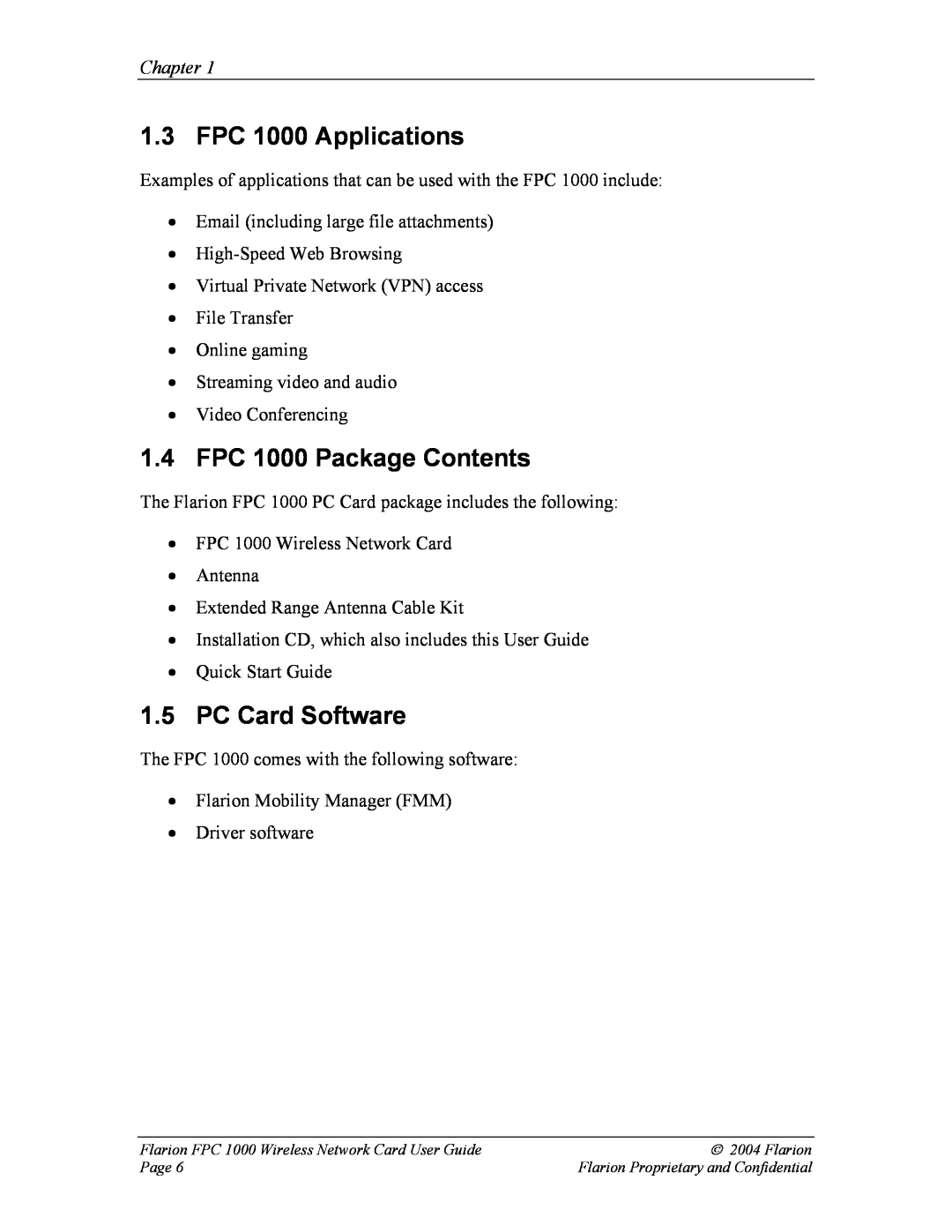 GE manual FPC 1000 Applications, FPC 1000 Package Contents, PC Card Software, Chapter 