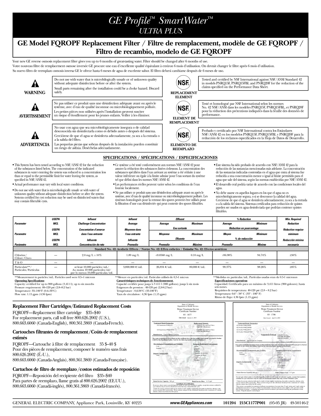 GE FQROPF specifications Influent Effluent Reduction Min. Required Parameter, Parametre, Parámetro 