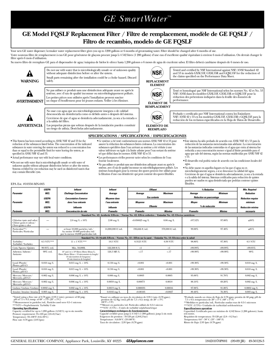 GE FQSLF specifications Operating Specifications, Caractéristiques techniques de fonctionnement 