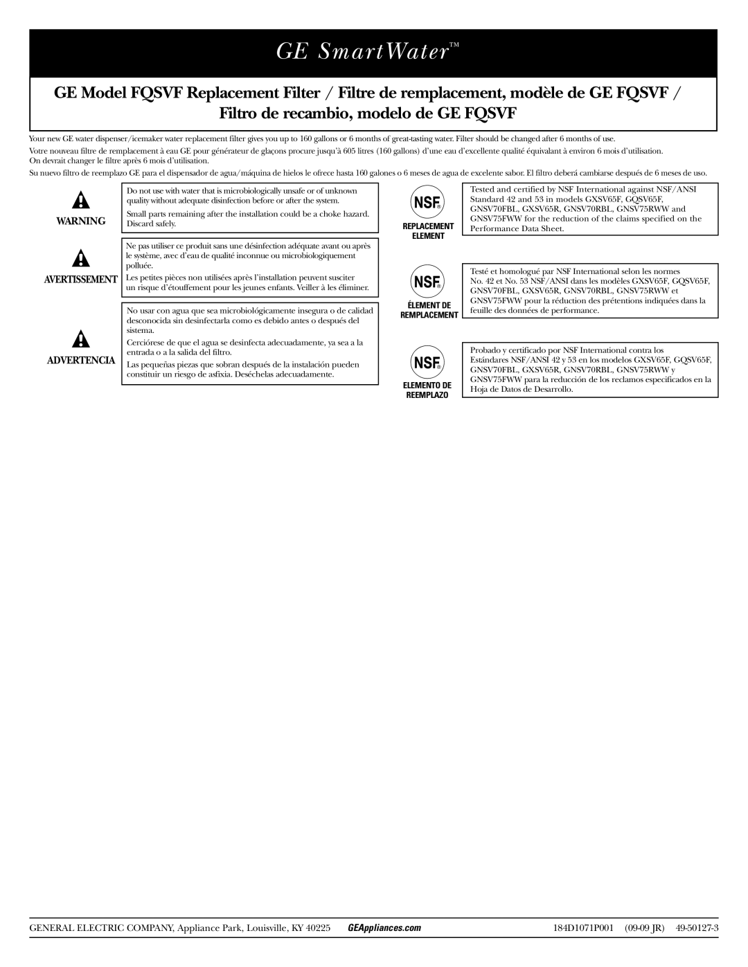 GE FQSVF manual GE SmartWater 