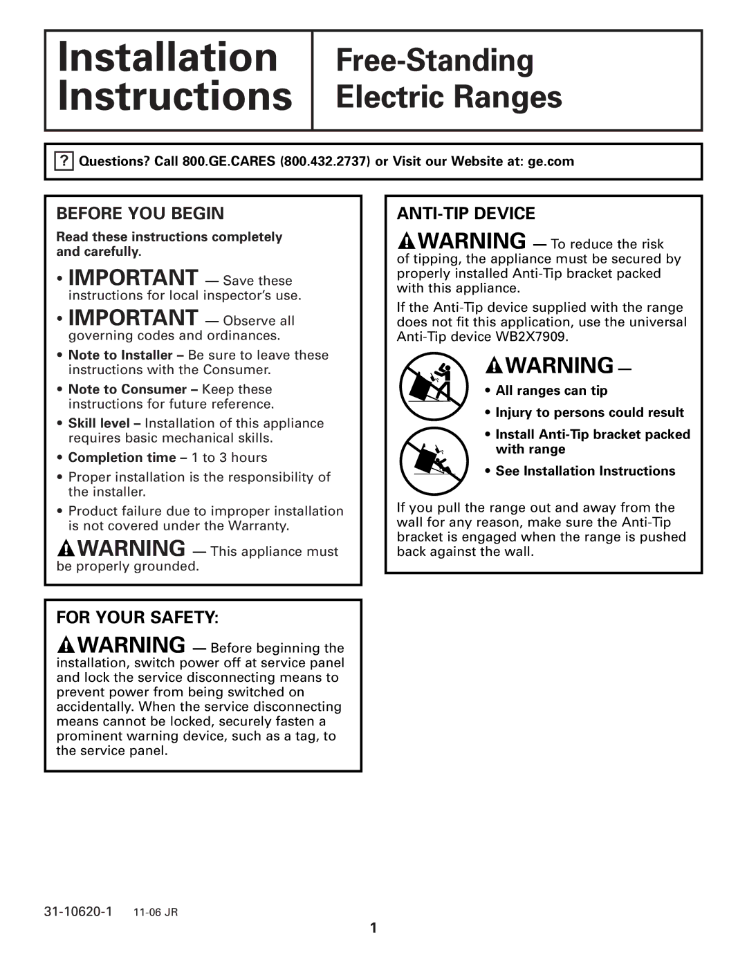 GE Free-Standing Electric Ranges warranty Before YOU Begin, ANTI-TIP Device, For Your Safety, Completion time 1 to 3 hours 