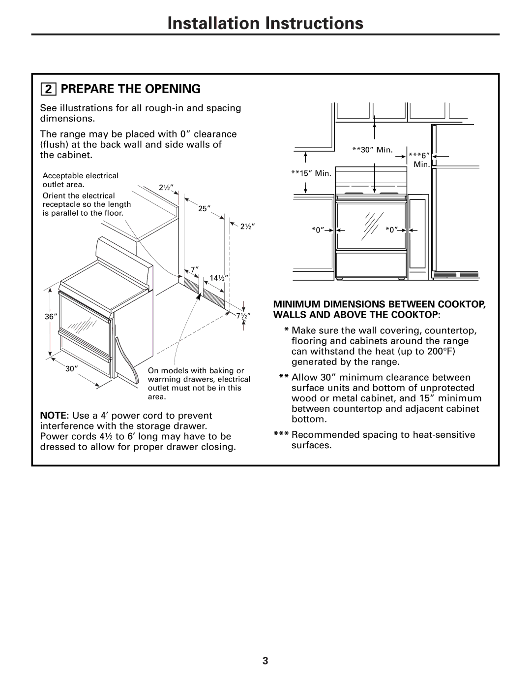 GE Free-Standing Electric Ranges warranty Prepare the Opening 