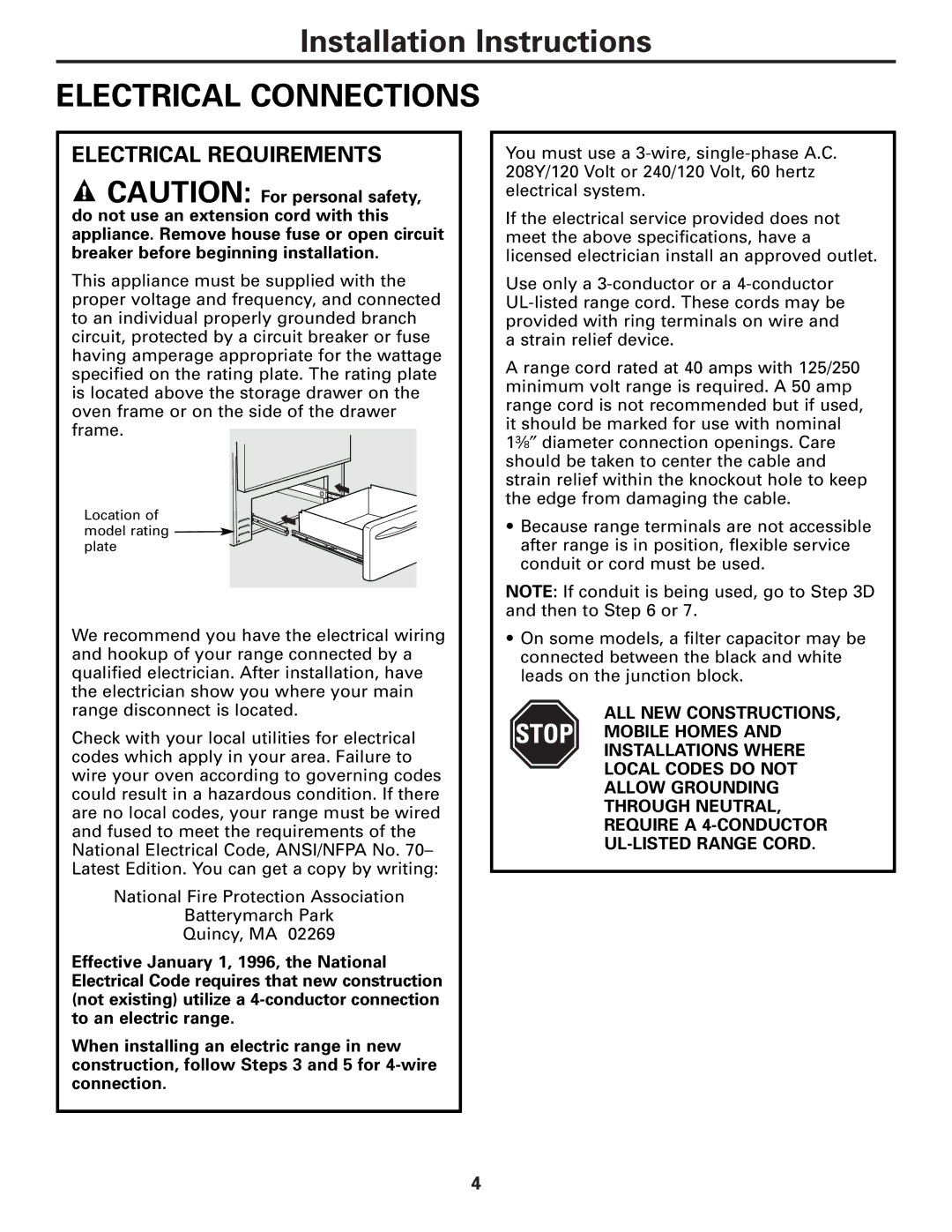 GE Free-Standing Electric Ranges warranty Electrical Connections, Electrical Requirements 