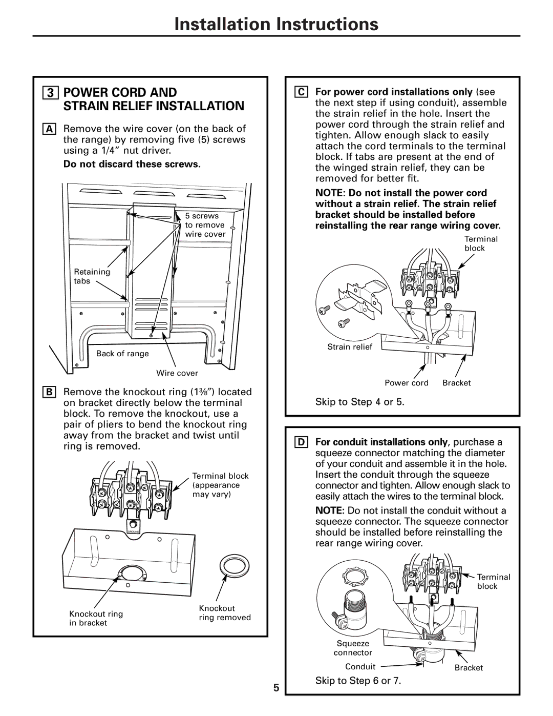 GE Free-Standing Electric Ranges warranty Power Cord Strain Relief Installation, Do not discard these screws 