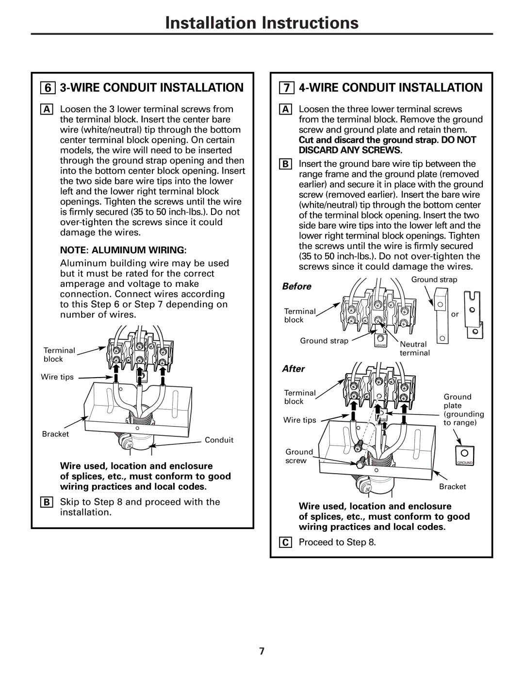 GE Free-Standing Electric Ranges warranty Wire Conduit Installation 