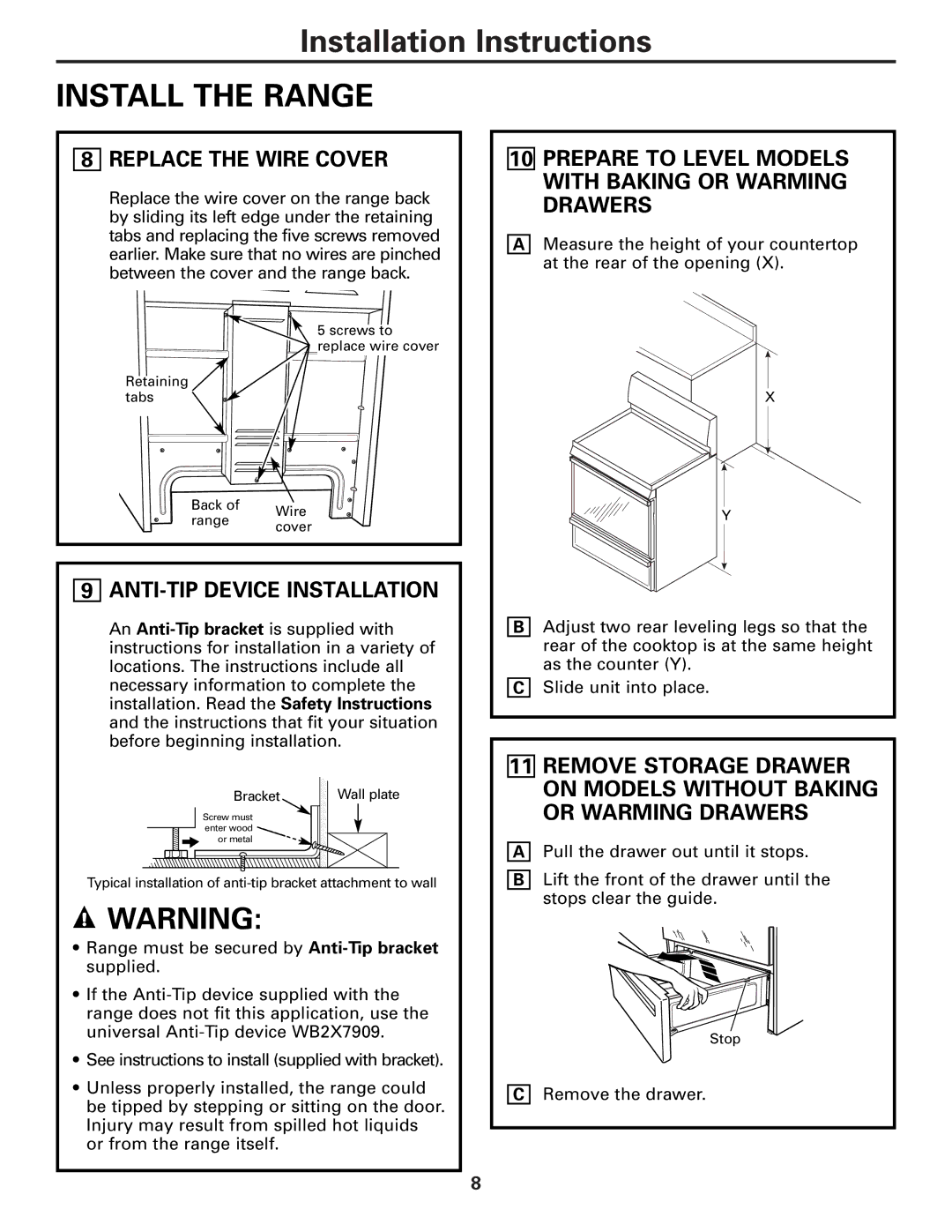 GE Free-Standing Electric Ranges warranty Install the Range, Replace the Wire Cover, ANTI-TIP Device Installation 