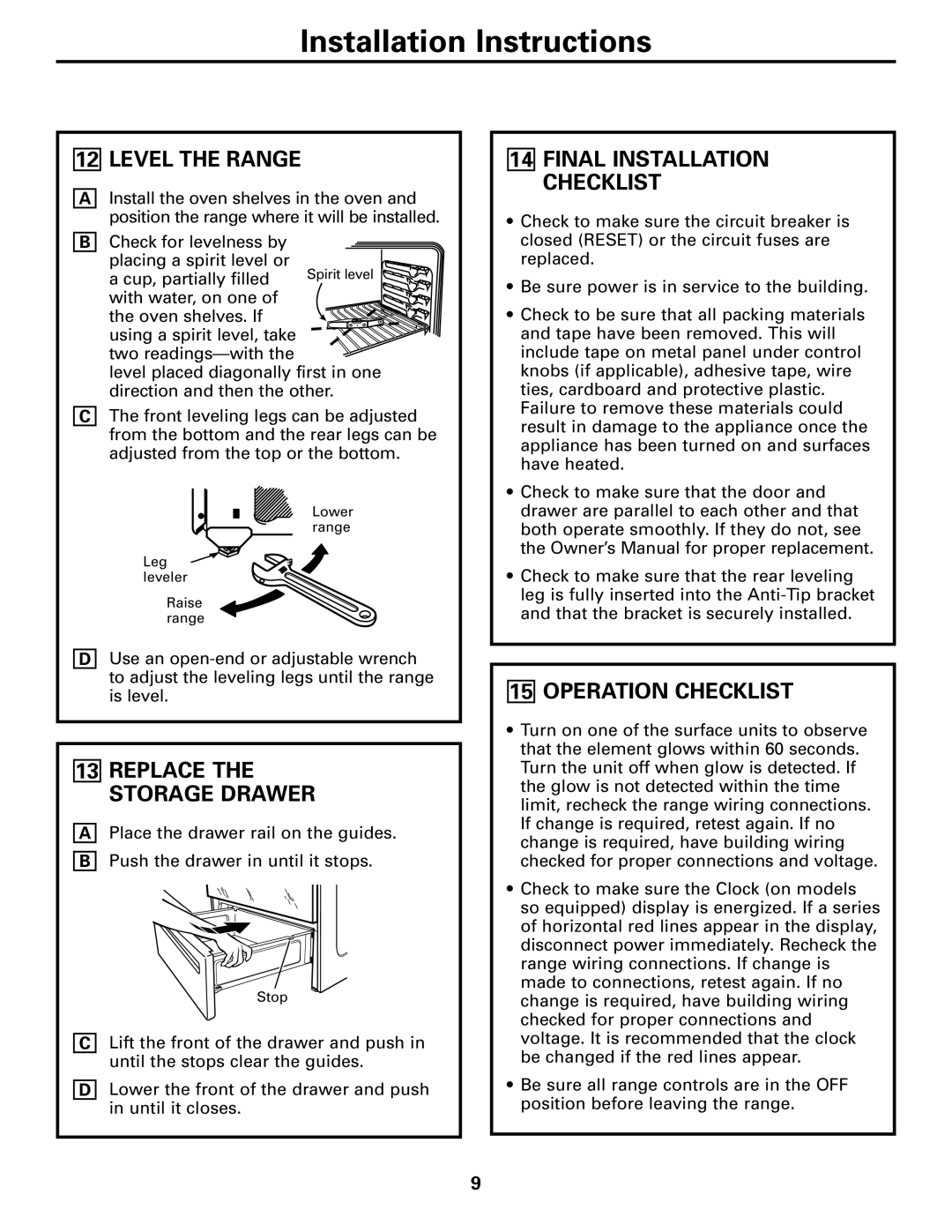 GE Free-Standing Electric Ranges warranty Level the Range, Operation Checklist 