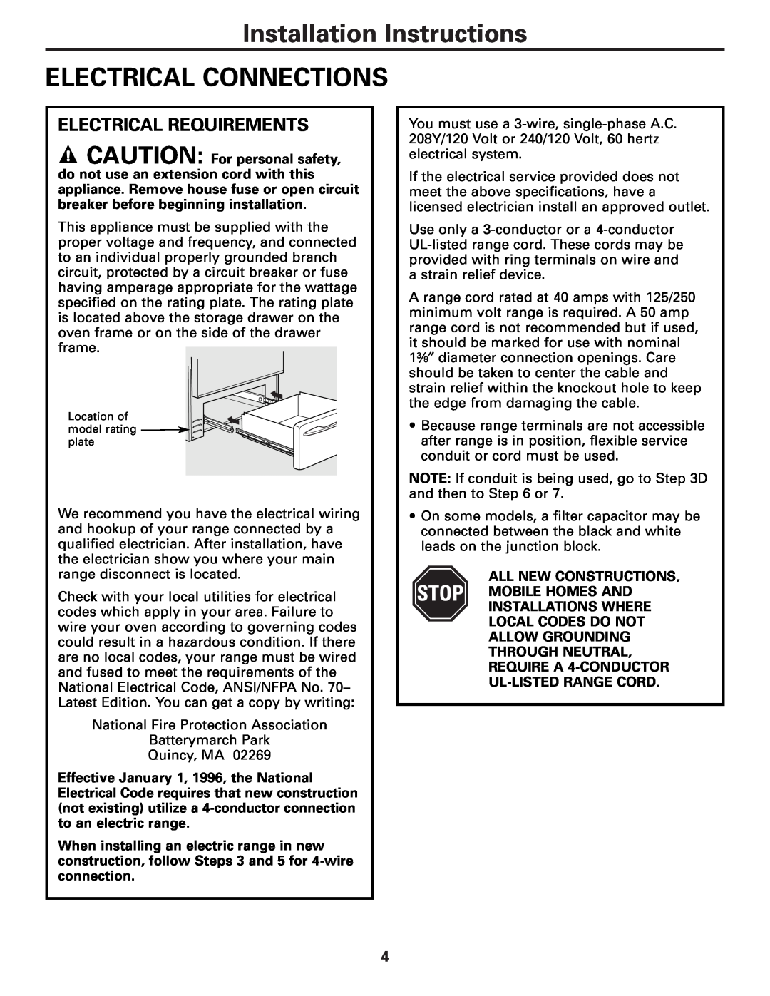 GE Free-Standing Electric Ranges warranty Installation Instructions ELECTRICAL CONNECTIONS, Electrical Requirements 