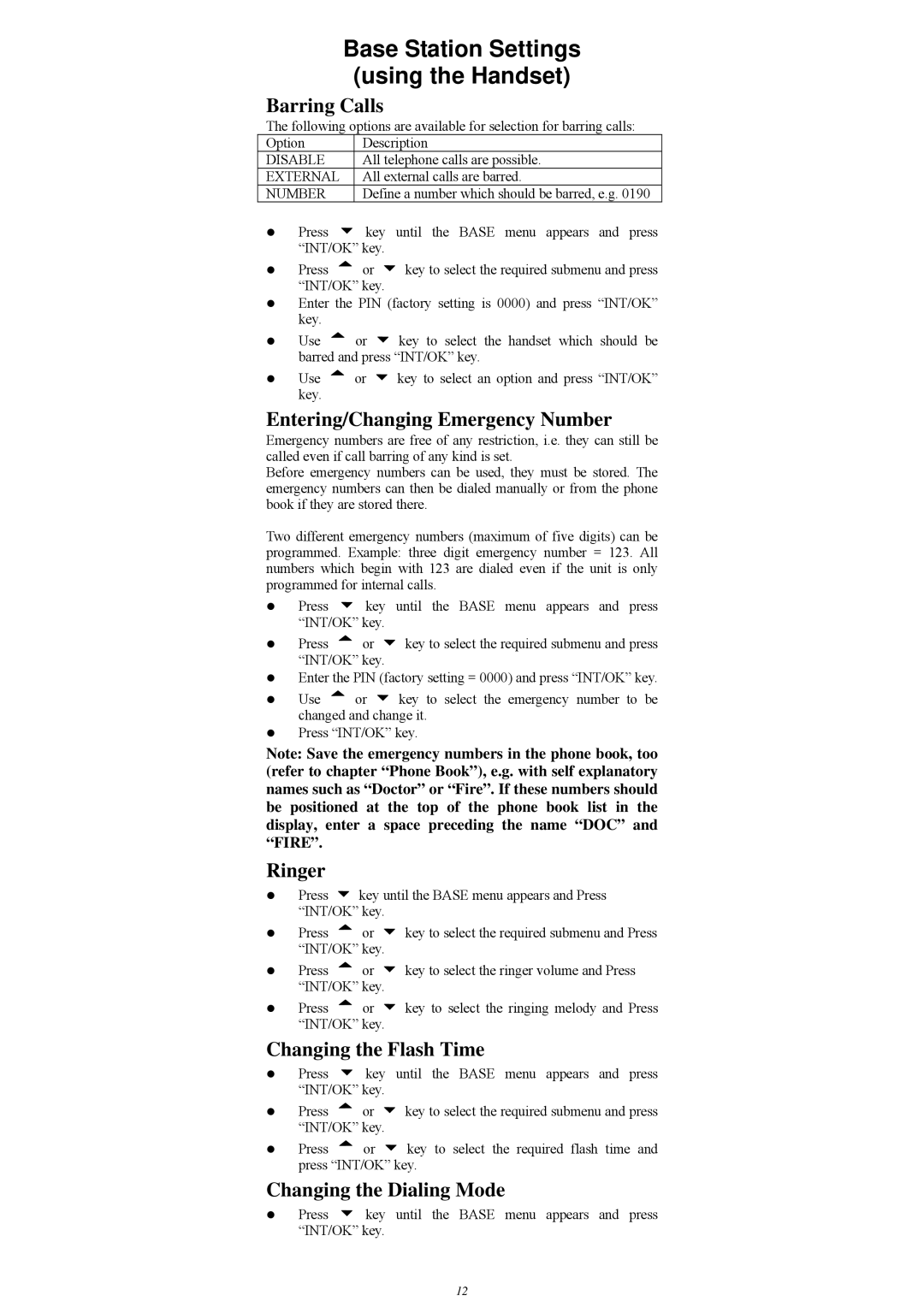 GE FS21828 manual Base Station Settings Using the Handset 