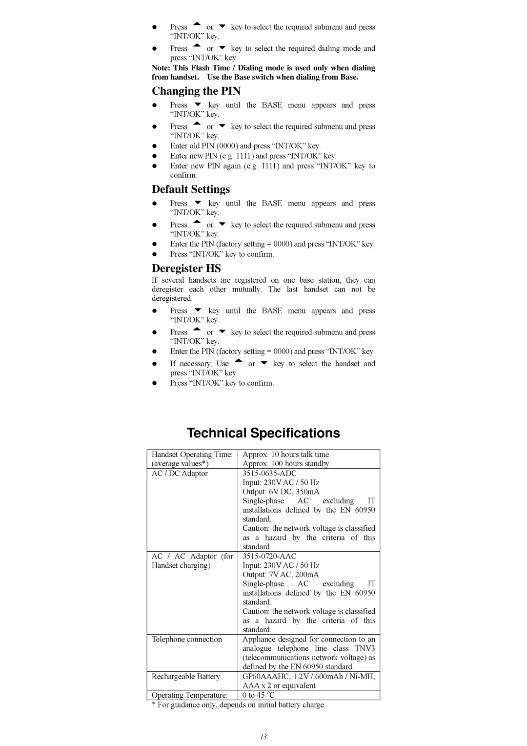 GE FS21828 manual Technical Specifications, Changing the PIN, Deregister HS 