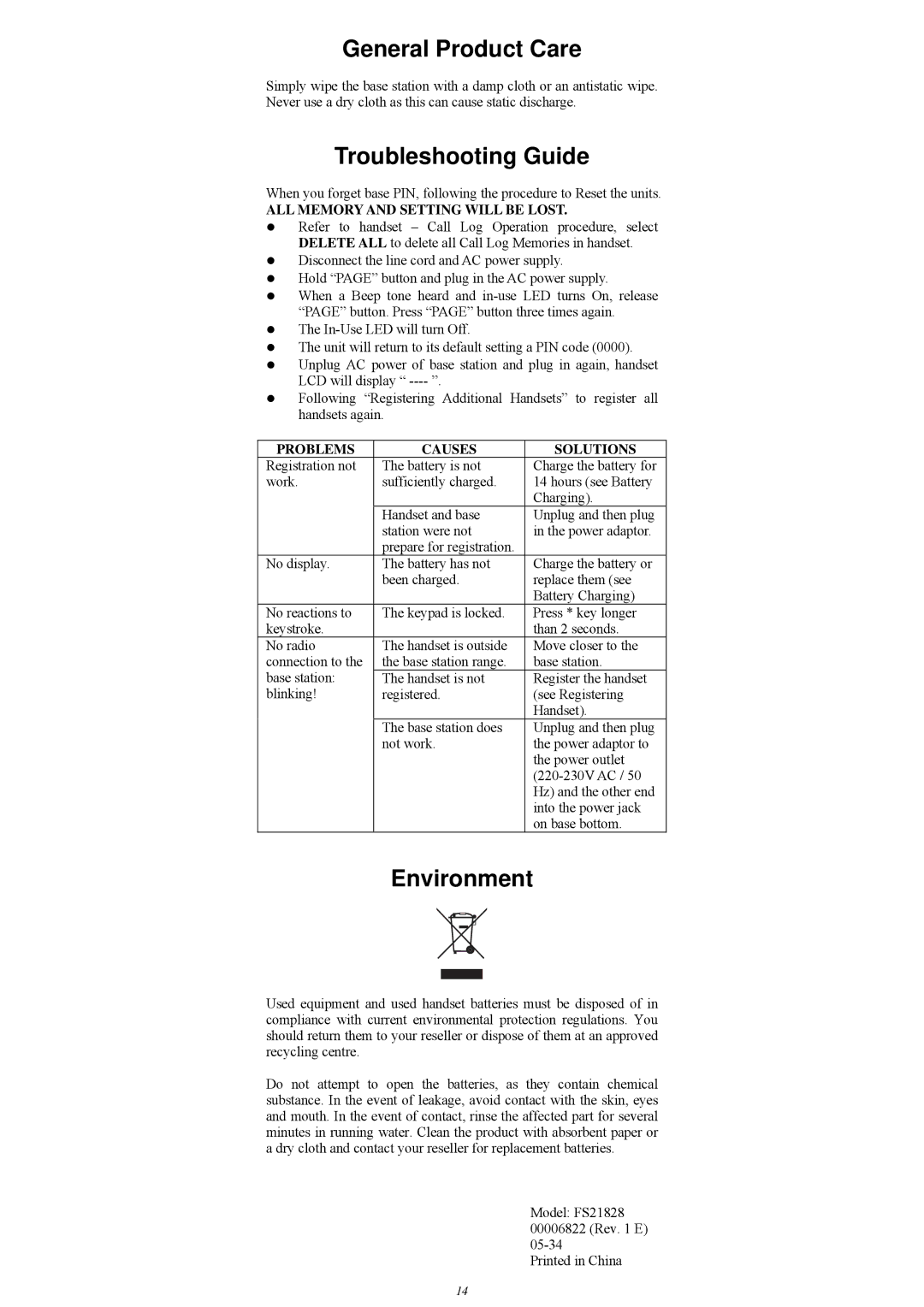 GE FS21828 manual General Product Care, Troubleshooting Guide, Environment 