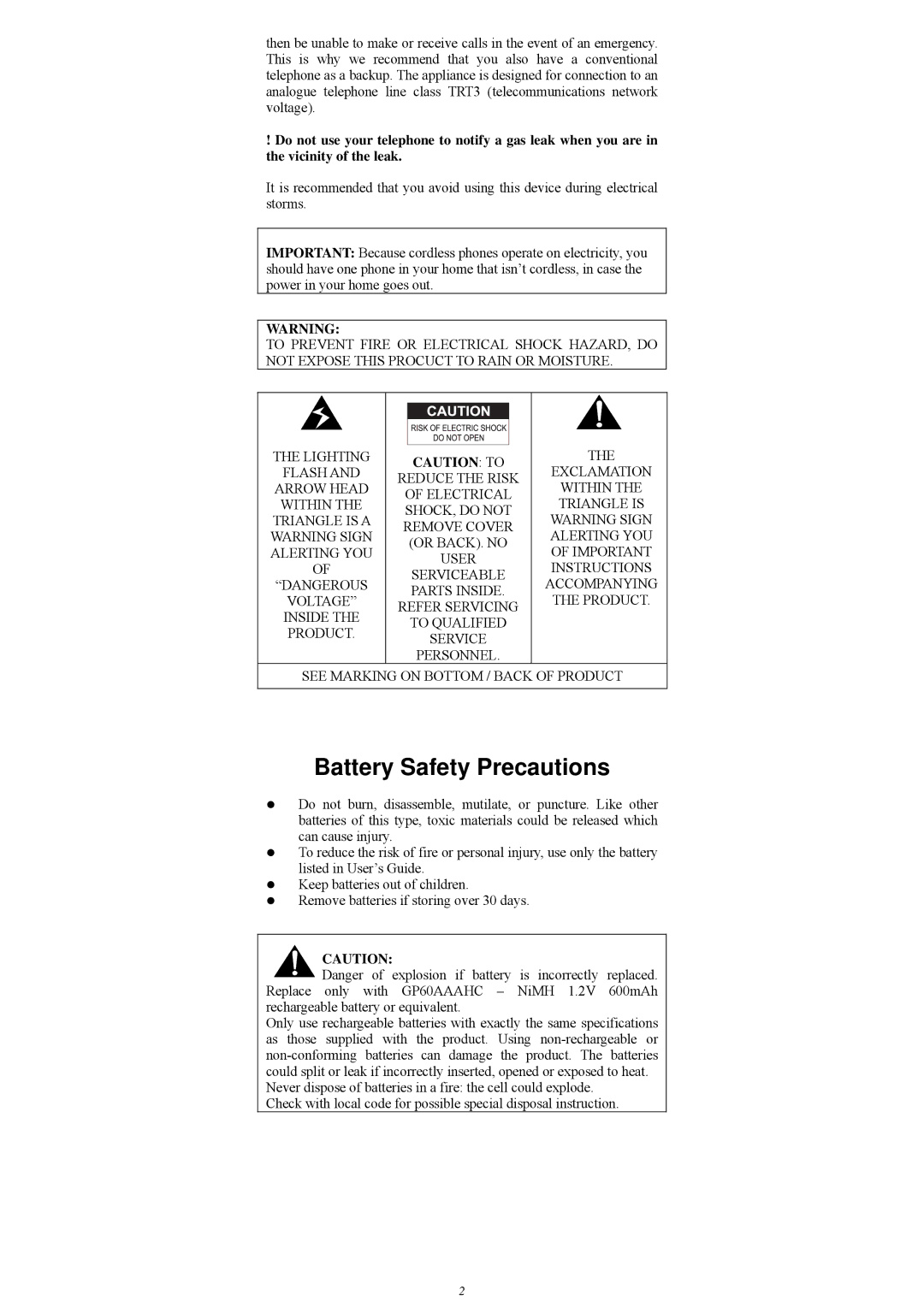 GE FS21828 manual Battery Safety Precautions 