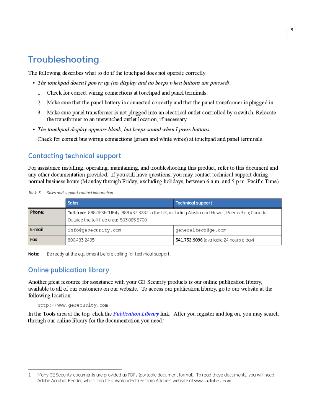 GE FTP-1000 Troubleshooting, Contacting technical support, Online publication library, Sales Technical support 