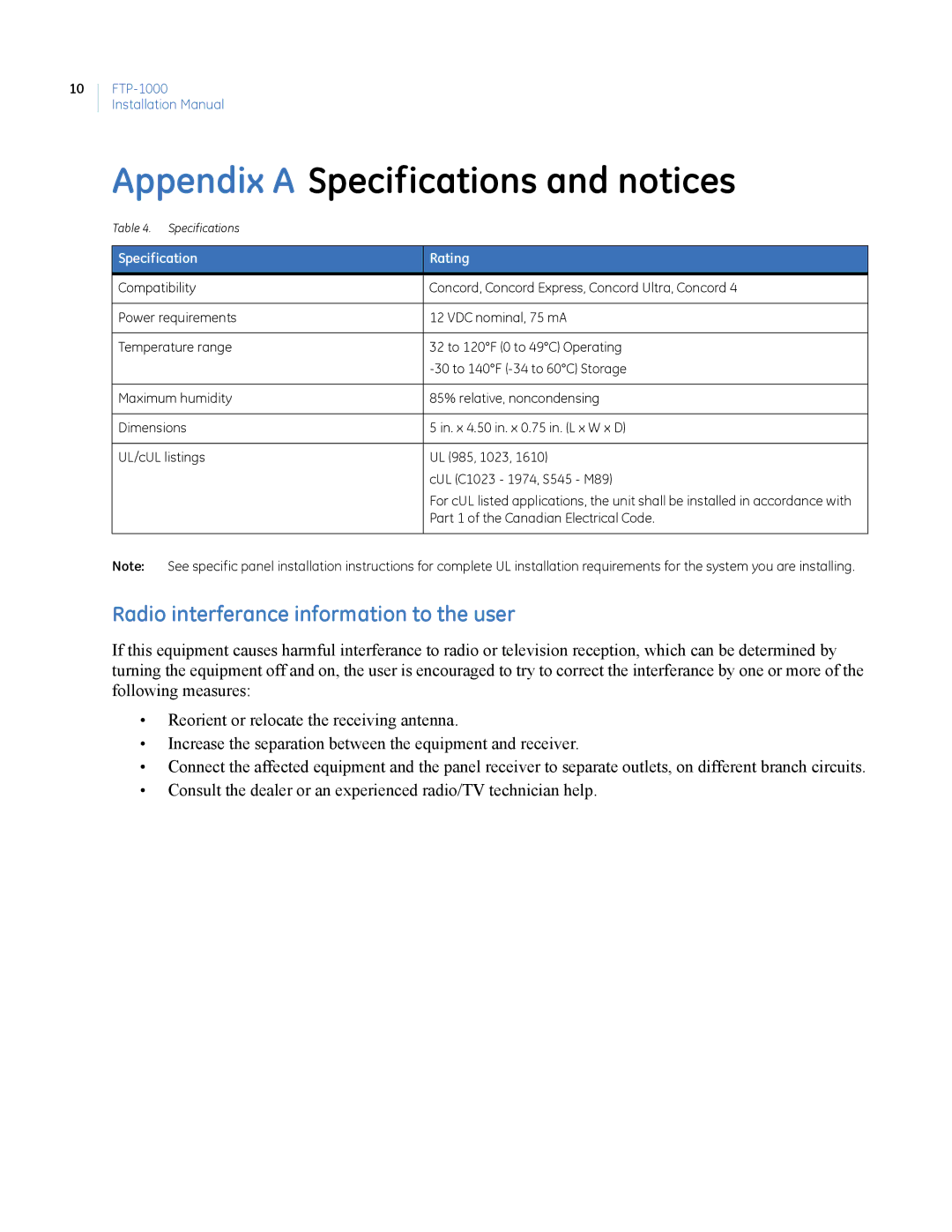 GE FTP-1000 installation manual Radio interferance information to the user, Specification Rating 