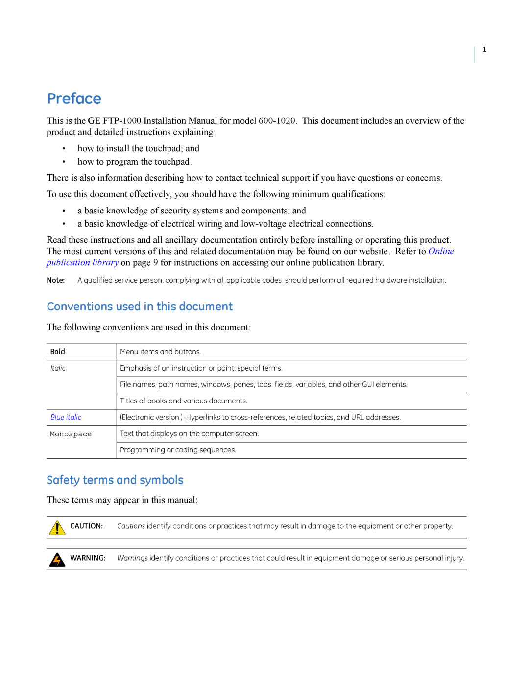 GE FTP-1000 installation manual Preface, Conventions used in this document, Safety terms and symbols 