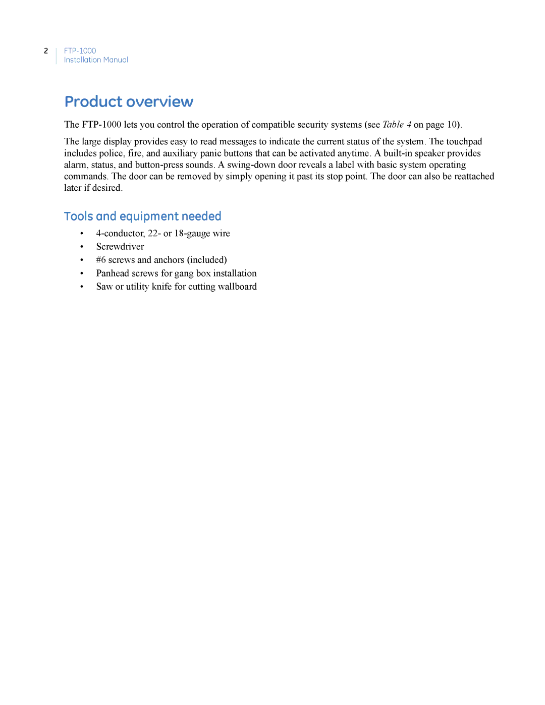 GE FTP-1000 installation manual Product overview, Tools and equipment needed 