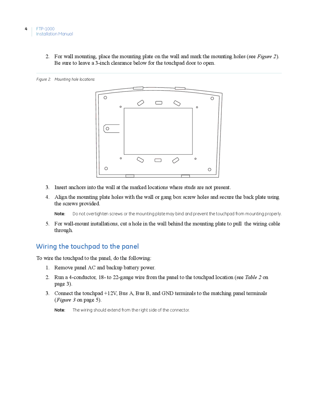 GE FTP-1000 installation manual Wiring the touchpad to the panel, Mounting hole locations 