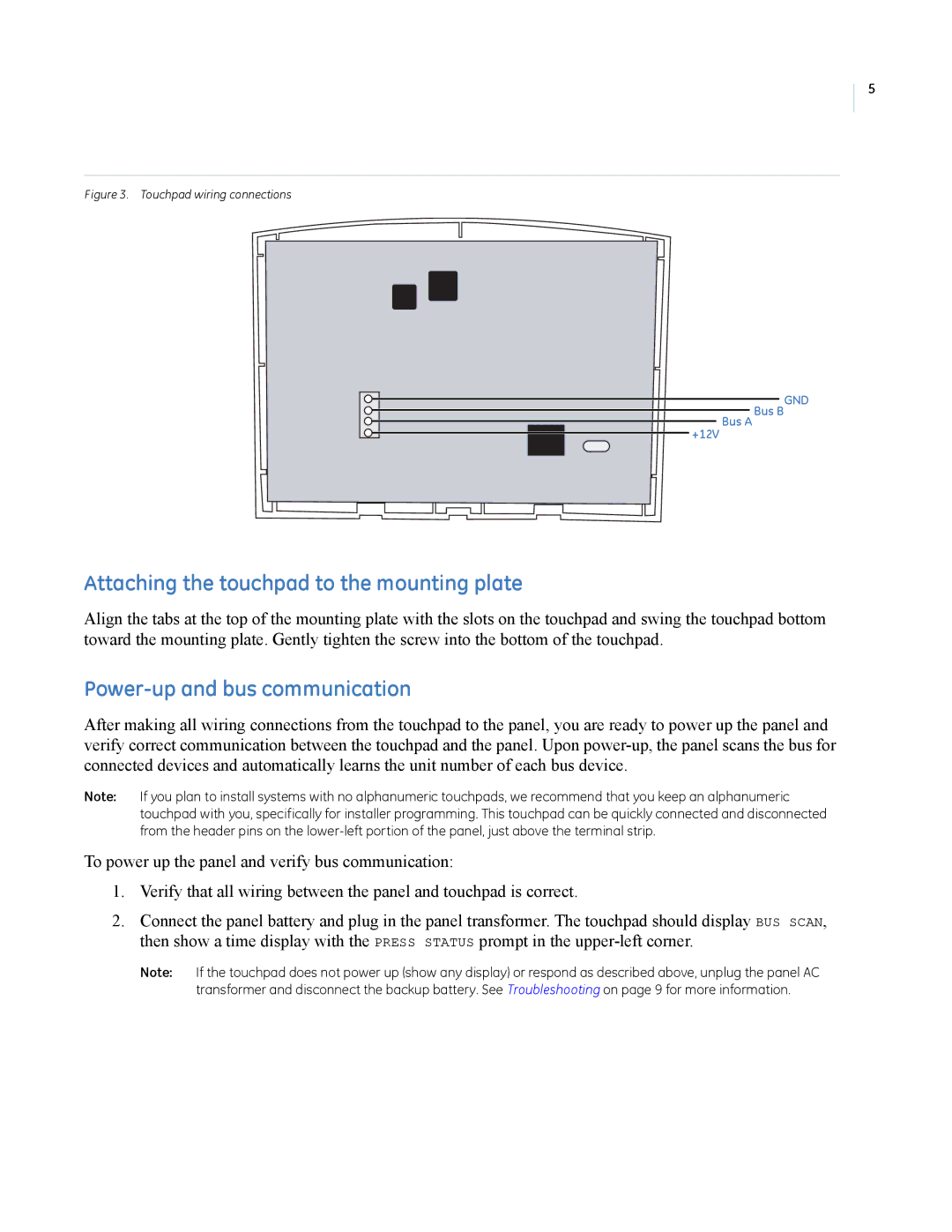 GE FTP-1000 installation manual Attaching the touchpad to the mounting plate, Power-up and bus communication 