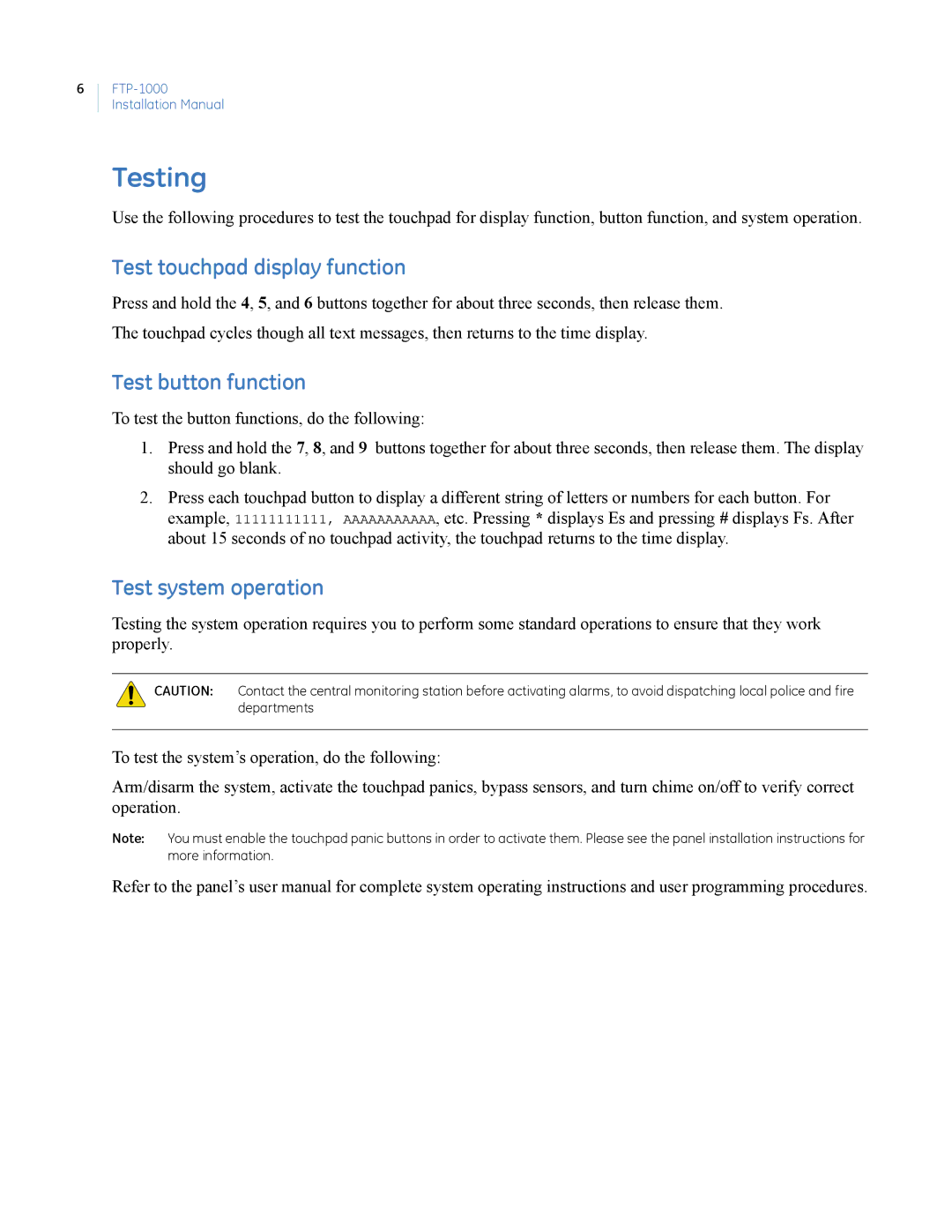 GE FTP-1000 installation manual Testing, Test touchpad display function, Test button function, Test system operation 