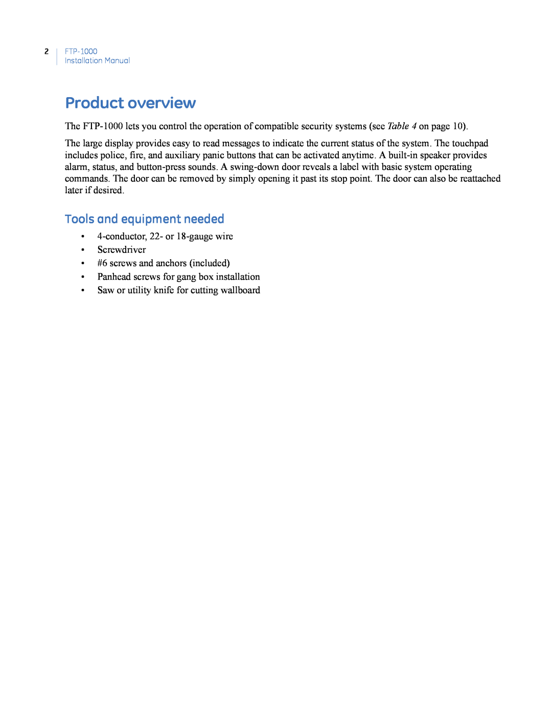GE FTP-1000 installation manual Product overview, Tools and equipment needed 