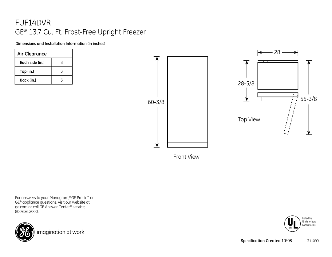 GE FUF14DVRWW dimensions GE 13.7 Cu. Ft. Frost-Free Upright Freezer 